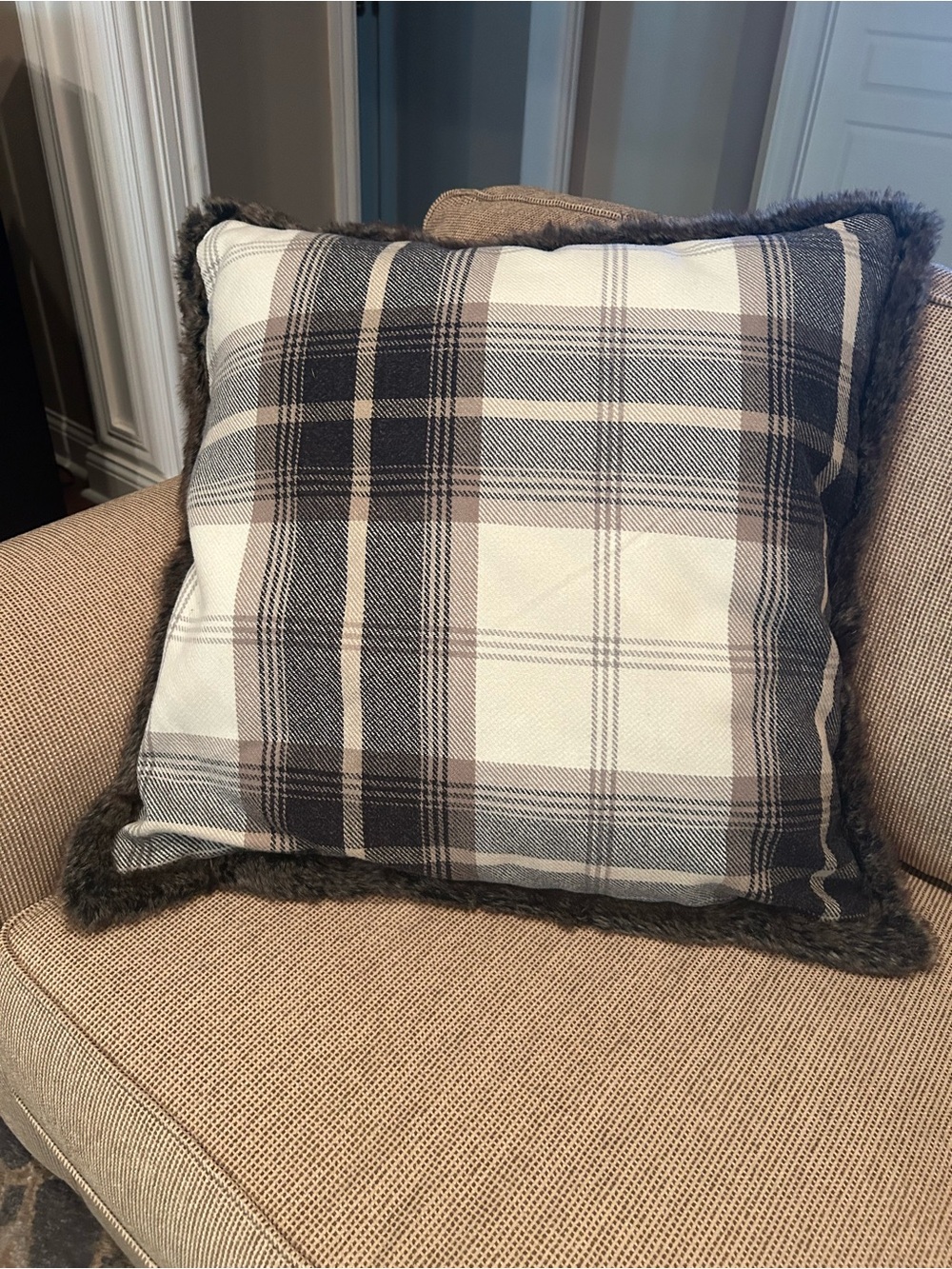 Plaid Faux Fur Trim Throw Pillow - Neutral Brown